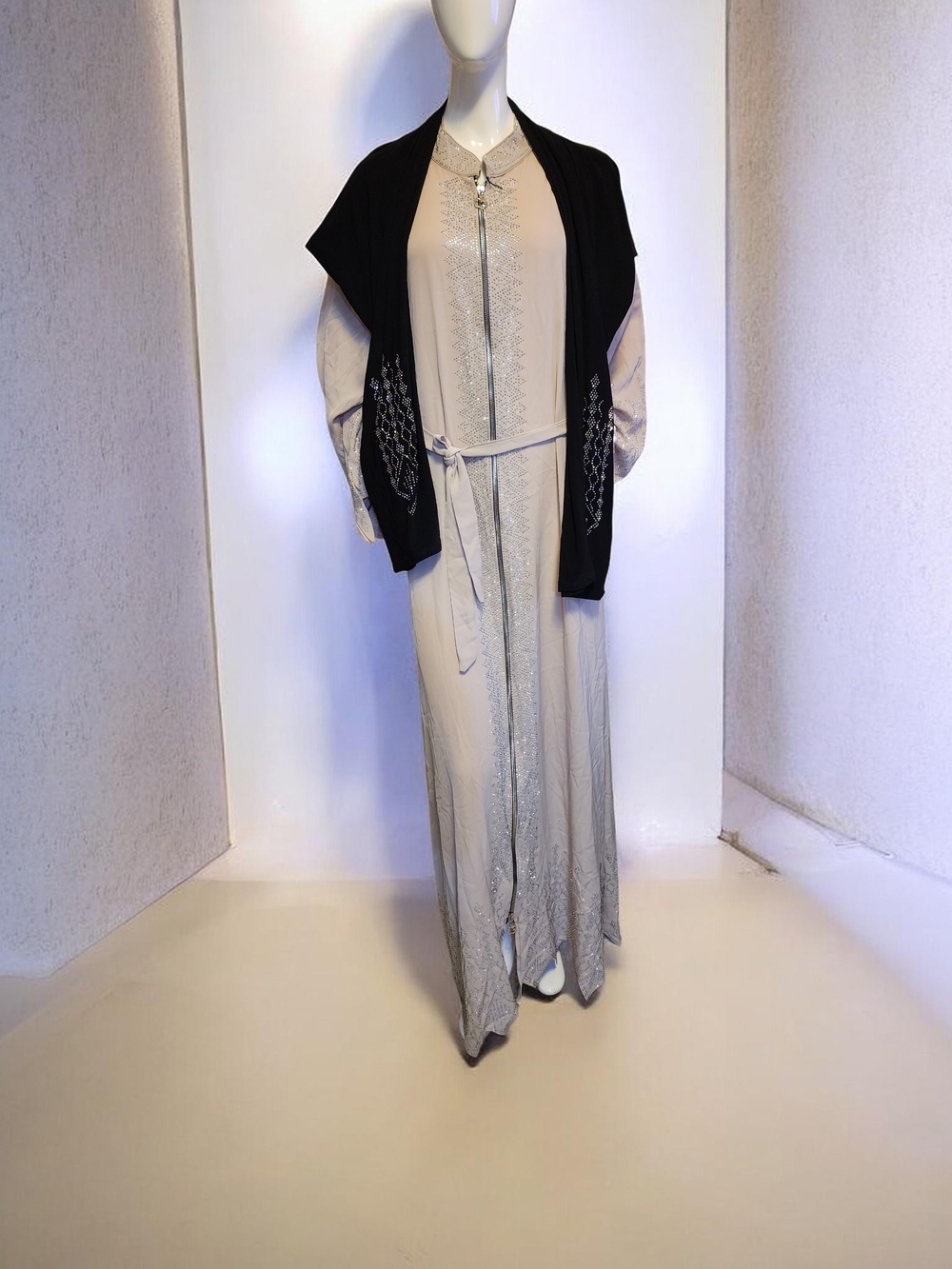 Women's Modest Abaya with Black Shawl - Cream